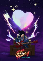 1girl abstract_background bass_guitar black_hair closed_eyes collared_shirt copyright_name couch bass_guitar full_body fur-trimmed_jacket fur_trim heart highres holding holding_bass_guitar holding_instrument instrument jacket knives_chau light_blush night night_sky open_mouth pantyhose plaid_clothes plaid_skirt ponytail scott_pilgrim_(series) scott_pilgrim_takes_off scribbleguy shirt short_hair short_ponytail sidelocks sitting skirt sky smile sparkle