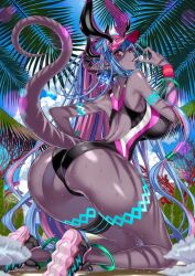 1girl anklet ass back_cutout bangle bare_shoulders black_choker black_one-piece_swimsuit blowing_whistle blue_hair blue_sky bracelet breasts choker clothing_cutout cloud colored_skin curvy earrings fate/grand_order fate_(series) from_behind full_body game_cg hair_ornament hair_scrunchie hat holding holding_whistle honjou_raita horns huge_breasts ibuki_douji_(fate) ibuki_douji_(swimsuit_berserker)_(fate) ibuki_douji_(swimsuit_berserker)_(first_ascension)_(fate) jewelry kneeling leaning_forward long_hair long_pointy_ears long_sidelocks looking_at_viewer looking_back median_furrow multicolored_hair multiple_horns official_art one-piece_swimsuit palm_tree pink_hair pink_hat pointy_ears purple_skin racerback red_eyes scrunchie sidelocks single_bare_leg sky solo streaked_hair swimsuit tail thigh_strap third-party_source tree very_long_hair very_long_sidelocks visor_cap wet whistle whistle_around_neck wide_ponytail wristband