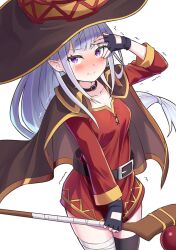 Rule 34 | 1girl, bandaged leg, bandages, belt, belt collar, black cape, black thighhighs, blush, breasts, brown belt, cape, chuunibyou, collar, cosplay, cowboy shot, dress, elf, embarrassed, emilia (re:zero), fingerless gloves, gloves, grey hair, hand over eye, hat, holding, holding staff, long hair, looking at viewer, mage staff, megumin, megumin (cosplay), pointy ears, purple eyes, re:zero kara hajimeru isekai seikatsu, red dress, s (hdru2332), short dress, single thighhigh, smile, solo, staff, takahashi rie, thighhighs, thighs, trembling, voice actor connection, white background, white hair, witch hat