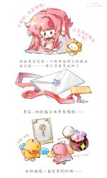 Rule 34 | 1girl, 1other, ?, absurdly long hair, ahoge, animal, arm up, bow, bowtie, brown eyes, cat, cheering, chibi, chinese commentary, chinese text, cloak, closed eyes, closed mouth, clothed animal, clothes writing, commentary request, cross-laced clothes, cross-laced dress, dot nose, dress, dress ribbon, ear covers, envelope, from behind, gem, hair spread out, highres, holding, holding pom poms, hood, hood up, hooded cloak, kneehighs, light blush, long hair, long sidelocks, long sleeves, medium dress, momo (nikki), nikki (nikki), nikki (series), open mouth, orange bow, orange bowtie, painting (object), pinafore dress, pink dress, pink hair, pom pom (cheerleading), pom poms, red bow, red bowtie, red ribbon, ribbon, sack, sequential, shining nikki, shirt, sidelocks, signature, simple background, sleeveless, sleeveless dress, sleeves past wrists, smile, socks, straight hair, translation request, very long hair, white background, white cat, white shirt, white socks, yellow cloak, yiliwa