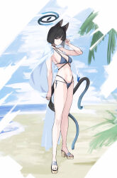 absurdres animal_ears bikini black_eyes black_tail blue_archive blue_bikini blue_halo blue_tail cat_ears cat_girl cat_tail colored_inner_animal_ears criss-cross_straps gradient_tail halo highres inatoi kikyou_(blue_archive) kikyou_(swimsuit)_(blue_archive) layered_bikini multi-strapped_bikini_bottom multiple_tails swimsuit tail two_tails