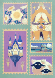 1boy absurdres bandal castle closed_mouth cookie_run facial_mark flower forehead_mark hat highres male_focus outdoors postage_stamp pure_vanilla_cookie sheep smile solo sparkle white_hair wizard_hat