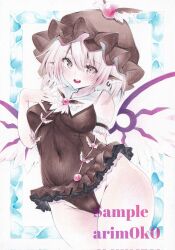1girl animal_ear_piercing animal_ears arim0k0 arm_behind_back artist_name bird_ears bird_wings blush breasts brown_eyes brown_hat brown_one-piece_swimsuit commentary covered_navel cowboy_shot earrings groin hat highres jewelry looking_at_viewer marker_(medium) mob_cap mystia_lorelei one-piece_swimsuit open_mouth sample_watermark single_earring solo swimsuit touhou traditional_media watermark white_wings winged_hat wings