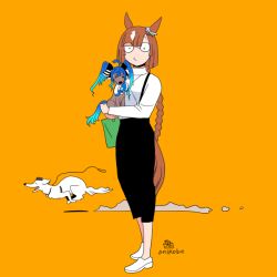 Rule 34 | 1girl, animal, animal ears, animalization, black-framed eyewear, black pants, blunt bangs, bob cut, borzoi, braid, brown hair, chihuahua, closed mouth, commentary request, dog, expressionless, full body, glasses, gold ship (umamusume), holding, holding animal, holding dog, horse ears, horse girl, horse tail, ikuno dictus (umamusume), long hair, looking at viewer, onikobe rin, orange background, pants, shirt, shoes, simple background, solo, standing, suspenders, tail, twin turbo (umamusume), umamusume, white shirt, white shoes