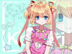Rule 34 | +++, 1girl, ^ ^, alternate costume, aqua background, blonde hair, blue eyes, blush, bow, bowtie, closed eyes, closed mouth, collared shirt, commentary, doodle inset, dress, green outline, hair between eyes, hair ornament, hair ribbon, highres, kamikita komari, little busters!, long ribbon, looking at viewer, outline, pink bow, pink dress, pinko (761543041), red ribbon, ribbon, shirt, short hair, short sleeves, simple background, sleeveless, sleeveless dress, smile, solo, star (symbol), star hair ornament, tareme, two side up, upper body, white shirt, yellow bow, yellow bowtie, zoom layer