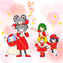6+girls absurdres akira_(cookie) alice_margatroid alternate_costume anchor_symbol animal_ears black_hair blonde_hair blue_hair blush_stickers carrying christmas closed_eyes collared_shirt colored_skin commentary_request cookie_(touhou) dress dual_persona flour_(cookie) full_body grey_hair hat highres hood hood_up ichigo_(cookie) kazami_yuuka kumoi_ichirin milk_(cookie) mouse_ears mouse_girl muimui_(4242564muimui) multiple_girls murasa_minamitsu nazrin nyon_(cookie) open_mouth piggyback red_dress red_hat red_hood red_vest sailor_hat shirt short_hair smile touhou vest white_shirt white_skin