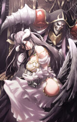 1boy 1girl ahoge ainz_ooal_gown albedo_(overlord) black_robe breasts demon demon_girl demon_horns demon_wings dress frilled_dress frills highres horns large_breasts lich long_hair ninjin_ika overlord_(maruyama) robe sitting skull very_long_hair white_dress wings yellow_eyes