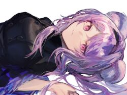 1girl arknights black_dress breasts dress fumi_(rdbm) highres lin_(arknights) long_hair looking_at_viewer lying medium_breasts on_back pink_eyes purple_hair solo upper_body white_background