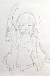 Rule 34 | 1girl, :d, ^ ^, arm up, bikini, blush, breasts, cleavage, closed eyes, collarbone, commentary, cowboy shot, facing viewer, frilled bikini, frills, graphite (medium), hinoshita kaho, hinoshita kaho (swimsuit), jacket, link! like! love live!, love live!, low twintails, navel, official alternate costume, open clothes, open jacket, open mouth, short-sleeved jacket, short sleeves, short twintails, simple background, sketch, smile, solo, standing, stomach, swimsuit, symbol-only commentary, traditional media, twintails, virtual youtuber, white background, yoshinuta