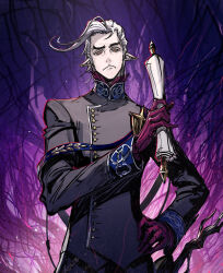 aged_down arknights beard cowboy_shot facial_hair fremont_(arknights) gloves holding holding_scroll long_sleeves looking_at_viewer pointy_ears purple_gloves ryuuzaki_ichi scroll white_hair