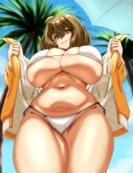 Rule 34 | anis (nikke), anis (sparkling summer) (nikke), bikini, breasts, brown eyes, brown hair, cleavage, goddess of victory: nikke, highres, jacket, large breasts, mionm, navel, official alternate costume, short hair, swimsuit, textless version, yellow jacket