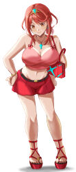 1girl absurdres alternate_costume bag breasts brown_eyes cleavage crop_top earrings full_body handbag highres jewelry kenichiart large_breasts midriff navel necklace ponytail pyra_(xenoblade) red_hair red_shorts red_tank_top short_hair shorts solo tank_top tiara xenoblade_chronicles_(series) xenoblade_chronicles_2