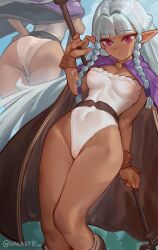 1girl absurdres aqua_hair ass braid breasts cloak covered_navel dark-skinned_female dark_elf dark_skin elf highres leotard long_hair looking_at_viewer pointy_ears polearm red_eyes rosalinde_(unicorn_overlord) sakaste solo strapless twin_braids unicorn_overlord very_long_hair weapon white_leotard