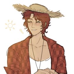 1boy ? alex_(degrees_of_lewdity) alex_(male)_(degrees_of_lewdity) brown_hair degrees_of_lewdity green_eyes hat highres looking_to_the_side open_clothes open_shirt plaid_clothes plaid_shirt red_shirt rusa_yippie shirt short_hair simple_background solo straw_hat tank_top upper_body white_background white_tank_top