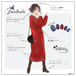 1girl alternate_costume boots bow copyright_name disney dress fantasia_(disney) full_body genderswap hat humanization looking_at_viewer meecosme mickey_mouse mickey_mouse_&amp;_friends nail_polish ponytail short_hair smile wizard_hat