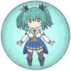 Rule 34 | 1girl, aqua background, aqua eyes, assault lily, belt, belt buckle, between breasts, black bow, black necktie, black ribbon, blue skirt, bow, breasts, brown belt, brown thighhighs, buckle, chibi, cleavage, closed mouth, collared shirt, commentary request, gradient background, hair between eyes, hair ribbon, high-waist skirt, light blush, long sleeves, looking at viewer, masaki itsuki, medium breasts, medium hair, miniskirt, necktie, necktie between breasts, odaiba girls high school uniform, pleated skirt, purple bow, ribbon, round image, school uniform, shirt, skirt, sleeve bow, smile, solo, standing, suzuki chinami, thighhighs, transparent background, twintails, waist cape, white shirt