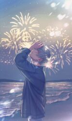 1boy absurdres aerial_fireworks beach blue_jacket blurry blurry_background commentary_request cowboy_shot denim earrings fireworks from_side gradient_sky hand_on_own_forehead hand_up highres jacket jeans jewelry light_particles looking_at_viewer male_focus mountainous_horizon moxamog ocean original pants parted_lips red_eyes short_hair sky solo standing stud_earrings waves white_hair