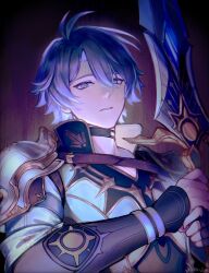 1boy absurdres antenna_hair armor black_choker blue_eyes brown_background choker commentary commentary_request dated english_commentary gauntlets gold_trim grey_hair hair_between_eyes hands_up highres holding holding_sword holding_weapon honkai:_star_rail honkai_(series) jacket long_sleeves looking_at_viewer male_focus phainon_(honkai:_star_rail) rai._lla short_hair shoulder_armor simple_background solo sun_symbol sword teeth upper_body weapon white_jacket yellow_pupils