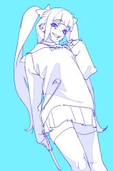 1girl adc_mt amemiya_darumi blue_background bow ear_piercing face_piercing hands_up holding holding_knife knife lip_piercing long_sleeves looking_at_viewer piercing pink_eyes pleated_skirt safety_pin skirt solo the_hundred_line_-last_defense_academy- thighihghs twintails