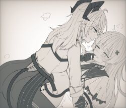 2girls blush commentary demon_horns demon_tail gloves greyscale hair_ornament holding_another&#039;s_wrist horns long_hair long_sleeves looking_at_another monochrome multiple_girls one_eye_closed pants parted_lips phoebe_(wuthering_waves) symbol-only_commentary tail trembling wuthering_waves yuri zani_(wuthering_waves) zero_3b