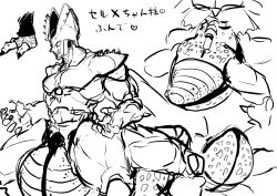 Rule 34 | 1boy, animalization, arthropod boy, bug, cell (dragon ball), chest jewel, dragon ball, dragonball z, fingernails, from side, greyscale, hands up, heart, highres, looking ahead, male focus, monochrome, monster boy, obata2nd, pectorals, perfect cell, sharp fingernails, sharp toenails, simple background, smile, spots, tail, taur, teeth, toenails, translation request