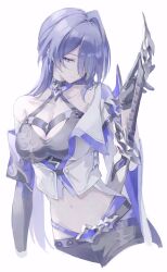Rule 34 | 1girl, acheron (honkai: star rail), black gloves, breasts, cleavage, crop top, earrings, gloves, hair intakes, hair over one eye, halterneck, haru same322, highres, honkai: star rail, honkai (series), jewelry, long hair, medium breasts, midriff, navel, purple eyes, purple hair, simple background, single bare shoulder, solo, upper body, very long hair, white background