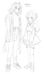 2girls a.i._voice aa_kabeuchi absurdres adachi_rei belt belt_pouch beret bow bowtie collared_dress detached_sleeves dress eye_contact full_body greyscale hat headlamp headphones height_difference highres jacket lineart long_hair long_sleeves looking_at_another looking_up medium_hair momone_momo monochrome multiple_girls open_clothes open_jacket pantyhose pantyhose_under_shorts pouch robot_ears shirt shirt_tucked_in shoes short_dress short_shorts shorts simple_background sleeveless sleeveless_dress sleeves_past_wrists sneakers standing swept_bangs thighhighs translation_request turtleneck turtleneck_shirt utau
