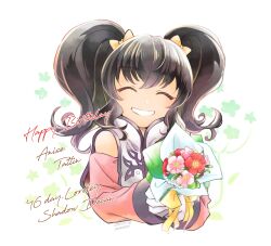 1girl anise_tatlin bare_shoulders birthday black_hair bouquet bow character_name closed_eyes commentary_request dated dress facing_viewer flower gloves hair_bow happy_birthday highres holding holding_bouquet long_hair parted_lips pink_dress shiki_123 smile solo tabard tales_of_(series) tales_of_the_abyss twintails twitter_username upper_body white_gloves white_tabard yellow_bow