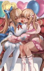 2girls balloon blue_bow blue_collar boots bow breasts brown_eyes brown_hair collar dark-skinned_female dark_elf dark_skin elf food food_in_mouth fruit gloves hair_bow hair_ribbon heart_balloon highres hololive maison_de_cante multicolored_hair multiple_girls open_mouth pink_ribbon pointy_ears ponytail red_ribbon ribbon shiranui_flare shiranui_flare_(1st_costume) shiranui_flare_(casual) sitting sleeves_past_wrists strawberry streaked_hair tan thighhighs tongue virtual_youtuber white_boots white_bow white_gloves white_hair white_thighhighs