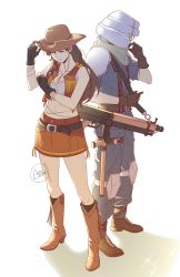 1boy 1girl adjusting_clothes adjusting_headwear armor back-to-back belt black_gloves black_hair blonde_hair boots breasts brown_eyes brown_gloves brown_skirt cloud_strife cowboy_boots cowboy_hat cowgirl_(western) disguise earrings final_fantasy final_fantasy_vii fringe_trim galcantara gloves gun hat helmet hidden_face highres jewelry long_hair machine_gun midriff navel necklace nibelheim pauldrons sad scarf shadow shoulder_armor signature skirt spiked_hair tassel tifa_lockhart tifa_lockhart_(cowgirl) uniform vest weapon white_background