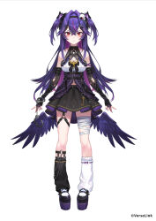 1girl alicecoco asymmetrical_legwear bandaged_leg bandages black_gloves black_skirt breasts closed_mouth copyright_notice elbow_gloves feathered_wings fingerless_gloves full_body gloves hair_between_eyes hair_ornament highres long_hair looking_at_viewer medium_breasts multicolored_hair navel norah_nevermore o-ring pointy_ears purple_hair purple_wings red_eyes shirt simple_background skirt skull_hair_ornament solo standing streaked_hair thigh_strap verselink virtual_youtuber white_background white_shirt wings