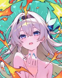 1girl artist_name black_hairband blue_eyes blue_nails commentary english_commentary fire firefly_(honkai:_star_rail) green_background grey_hair hairband highres honkai:_star_rail honkai_(series) long_hair looking_at_viewer multicolored_eyes nail_polish nude open_mouth purple_eyes rafi_(rafitea) solo two-tone_eyes
