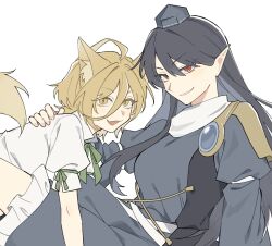 2girls animal_ears black_hair blonde_hair blue_dress dress fang fox_ears fox_girl fox_tail hair_between_eyes hand_on_another&#039;s_back hat highres iizunamaru_megumu kudamaki_tsukasa long_hair long_sleeves looking_at_viewer medium_hair multiple_girls open_mouth pointy_ears red_eyes sakic43899 shirt short_sleeves smile tail tokin_hat touhou white_background white_shirt yellow_eyes