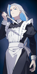 1boy absurdres adam&#039;s_apple apron arm_up black_dress blue_eyes character_request chinese_commentary closed_mouth collared_dress commentary_request crossdressing dress earrings frills highres holding holding_knife holding_weapon jewelry juliet_sleeves knife ko_aki long_hair long_sleeves maid maid_apron male_focus male_maid piercing puffy_sleeves sleeve_cuffs sparkle standing stud_earrings very_long_hair wangzhe_rongyao weapon white_apron white_hair wing_collar