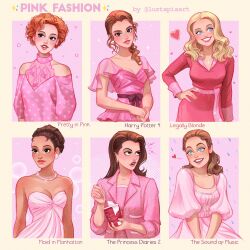 Rule 34 | 6+girls, andie walsh, blazer, blonde hair, breasts, brown hair, cleavage, coat, commentary, copyright name, dress, earrings, elle woods, english commentary, fashion, freckles, grin, hair bun, harry potter (series), harry potter and the goblet of fire, hermione granger, highres, jacket, jewelry, legally blonde, liesl von trapp, long hair, luztapiaart, maid in manhattan, marisa ventura, mia thermopolis, multiple drawing challenge, multiple girls, necklace, orange hair, pink coat, pink dress, pink theme, polka dot, pretty in pink, ribbon, short hair, side ponytail, single hair bun, smile, strapless, strapless dress, the princess diaries, the sound of music, wavy hair, wizarding world