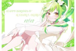 1girl akiru_kamira blush brown_eyes closed_mouth dress flower green_hair hair_between_eyes hair_flower hair_ornament highres long_hair long_sleeves looking_at_viewer nogiro_(usa_ru) see-through_clothes skirt sleeves_past_wrists smile solo striped_background symbol-shaped_pupils white_flower world_dai_star