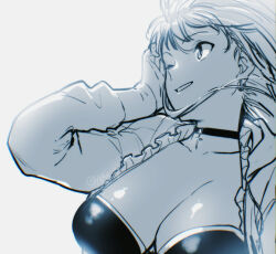 1girl aoba_(smartbeat) bikini breasts choker cleavage collarbone cross cross_choker earrings fate/grand_order fate_(series) floating_hair frilled_jacket frills grin highres hood hooded_jacket jacket jewelry large_breasts looking_to_the_side martha_(fate) martha_(swimsuit_ruler)_(fate) martha_(swimsuit_ruler)_(second_ascension)_(fate) monochrome one_eye_closed open_clothes open_jacket portrait signature smile solo swimsuit tucking_hair twitter_username upper_body