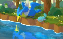 bird bush commentary_request cramorant creatures_(company) flower game_freak gen_2_pokemon gen_5_pokemon gen_8_pokemon grass green_eyes john_(kyoj) looking_down nintendo no_humans open_mouth petilil pokemon pokemon_(creature) reflection tree water wooper