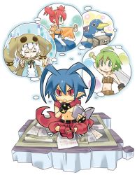 Rule 34 | 2boys, 2girls, ahoge, antenna hair, artist request, belt bra, blue hair, book, creature, disgaea, closed eyes, female brawler (disgaea), female warrior (disgaea), glasses, green eyes, green hair, hood, imagining, laharl, makai senki disgaea, multiple boys, multiple girls, pants, pince-nez, pointy ears, prinny, red eyes, red hair, scarf, topless male, shoes, short hair, sitting, skull (disgaea), slit pupils, twintails, white hair