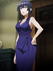 1girl absurdres anime_screenshot black_hair blue_dress breasts cleavage dress highres large_breasts purple_eyes solo spy_kyoushitsu stitched thea_(spy_kyoushitsu) third-party_edit