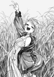 1girl :d arm_up bandaid bandaid_on_arm bandaid_on_face choker chou_(danny8461) dress grass greyscale highres jacket leaning_back monochrome open_clothes open_jacket open_mouth original outdoors short_hair single_bare_shoulder smile solo striped_clothes striped_dress tall_grass v vertical-striped_clothes vertical-striped_dress
