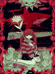 1girl animal barracuda candle creampuffmurder crescent cup fish flower highres holding holding_flower limited_palette moon oarfish original shark sitting solo striped_clothes striped_sweater sun sweater twintails wariza