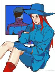 1boy 1girl animal_print blue_bodysuit blue_coat blue_dress blue_gloves blue_hat bodysuit boots breasts brown_hair chinese_commentary coat crossed_legs dress gloves green_eyes hand_on_own_knee hand_up hat highres large_breasts long_hair long_sleeves looking_at_viewer lun_chuan_weizhi marvel mary_jane_watson peter_parker red_bodysuit red_boots red_hair red_lips short_hair sidelocks sitting spider-man spider-man_(series) spider_print spider_web_print superhero_costume teeth two-tone_bodysuit