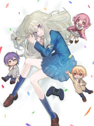 2boys 2girls absurdres blazer blonde_hair blue_jacket blue_skirt blue_socks brown_shoes chibi confetti controller game_controller green_hair hair_between_eyes hair_spread_out highres jacket kamishiro_rui kusanagi_nene loafers long_hair long_sleeves looking_at_viewer lying multiple_boys multiple_girls on_side ootori_emu pink_hair pleated_skirt project_sekai purple_eyes purple_hair school_uniform shirt shoes simple_background skirt smile socks tenma_tsukasa umashio_potechi-san white_background white_shirt wonderlands_x_showtime_(project_sekai)