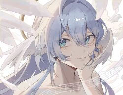 Rule 34 | 1girl, aqua eyes, bird, blue hair, face jewel, halo, halo behind head, head wings, highres, honkai: star rail, honkai (series), jewel under eye, long hair, niilsesu, robin (honkai: star rail), solo, upper body, white bird, white wings, wings