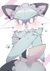 animal_ears apron blush bob_cut cat_ears clothed_pokemon colored_skin gardevoir gen_3_pokemon green_hair green_skin maid maid_headdress multicolored_skin narumiya_pkmn nintendo open_mouth paw_print pink_eyes pokemon pokemon_(creature) smile two-tone_skin white_apron white_skin