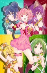 5girls :d :o ;o aizawa_mint animal_ears aqua_background arm_garter arm_up armband bare_legs bare_shoulders bell blonde_hair blue_eyes blue_hair blue_neckwear bomhat boots bow breasts brown_footwear c: cat_ears cat_girl cat_tail choker closed_mouth double_bun dress fang female_focus fingerless_gloves fong_pudding friends fujiwara_zakuro gloves green_background green_choker green_dress green_eyes green_hair green_leotard hair_between_eyes hair_bun hand_up hands_up heart highres holding holding_weapon index_finger_raised instrument jewelry jingle_bell legband legs leotard lips long_hair looking_at_viewer magical_girl maracas matching_hair/eyes medium_breasts mew_ichigo mew_lettuce mew_mint mew_pudding mew_zakuro midorikawa_lettuce momomiya_ichigo monkey_ears multicolored_background multiple_girls neck necklace one_eye_closed open_mouth orange_eyes outstretched_arm pink_choker pink_dress pink_eyes pink_hair purple_background purple_choker purple_eyes purple_hair red_gloves round_teeth shadow short_dress short_hair smile standing strapless strapless_dress tail tail_bell tail_bow tail_ornament teeth tokyo_mew_mew upper_body weapon wink wolf_ears wristband yellow_background yellow_choker yellow_dress
