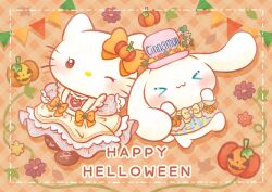 &gt;_&lt; 1boy 1girl :3 absurdres alternate_costume animal_ears apron blush border bow bowtie cat_ears cat_girl chibikemo cinnamoroll commentary company_connection country_lolita dog_boy dog_ears dog_tail dress english_text floral_print food-themed_hair_ornament furry furry_female furry_male fuwa_fuwa_cinnamoroll hair_ornament halloween happy_halloween hat hello_kitty hello_kitty_(character) highres jack-o&#039;-lantern lolita_fashion one_eye_closed orange_bow orange_theme pink_dress pixiv_29380466 puffy_short_sleeves puffy_sleeves pumpkin_hair_ornament sanrio short_sleeves smile symbol-only_commentary tail top_hat typo white_fur