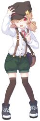 1girl animal_hat bag belt black_hat black_thighhighs bloomers breasts brown_bag cat_hat full_body green_pants hair_over_one_eye hair_tie hand_on_own_head hat hat_ornament inori_(princess_connect!) inori_(real)_(princess_connect!) looking_at_viewer neck_ribbon official_art open_mouth pants pigeon-toed princess_connect! red_eyes red_ribbon ribbon shoes shoulder_bag small_breasts standing star_(symbol) star_hat_ornament suspenders tachi-e thighhighs transparent_background twintails underwear wavy_hair zettai_ryouiki