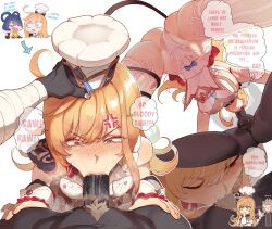 1boy 2girls :&gt;= anger_vein blonde_hair blue_eyes breasts chef_hat cum cum_in_container cum_in_cup dark-skinned_male dark_skin dress english_text escoffier_(genshin_impact) fellatio genshin_impact hand_on_another&#039;s_head hat hetero highres hilichurl_(genshin_impact) interspecies large_breasts long_hair multiple_girls multiple_views nyantcha oral penis speech_bubble testicles thighhighs uncensored white_dress white_hat white_thighhighs xiangling_(genshin_impact)